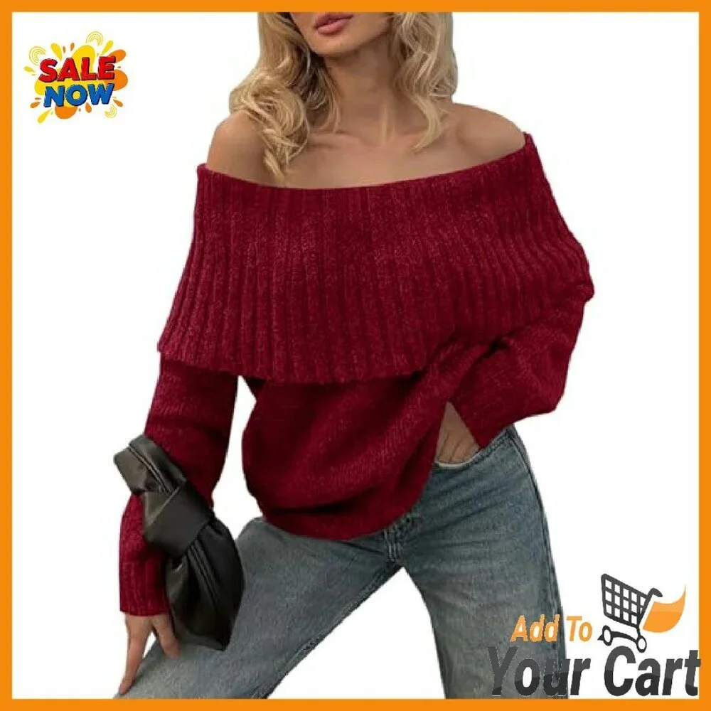 Oversized Off Shoulder Ribbed Knit Pullover Sweater Long Sleeve Loose Fit